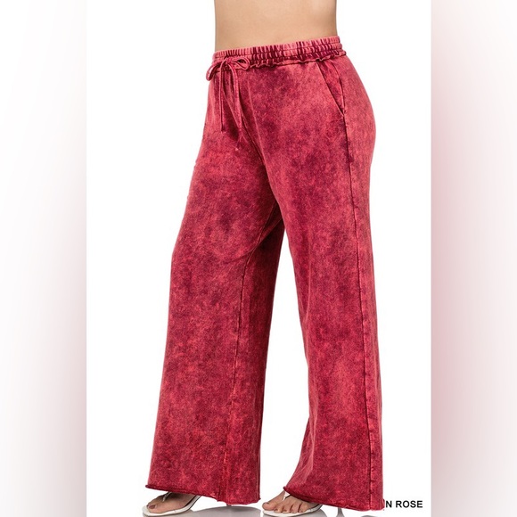 Plus Rose Terry Mineral Washed Drawstring Waist Raw Hem Pants - Picture 4 of 4